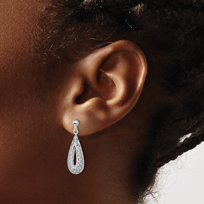 14K White Gold Filigree Teardrop Post Dangle Earrings