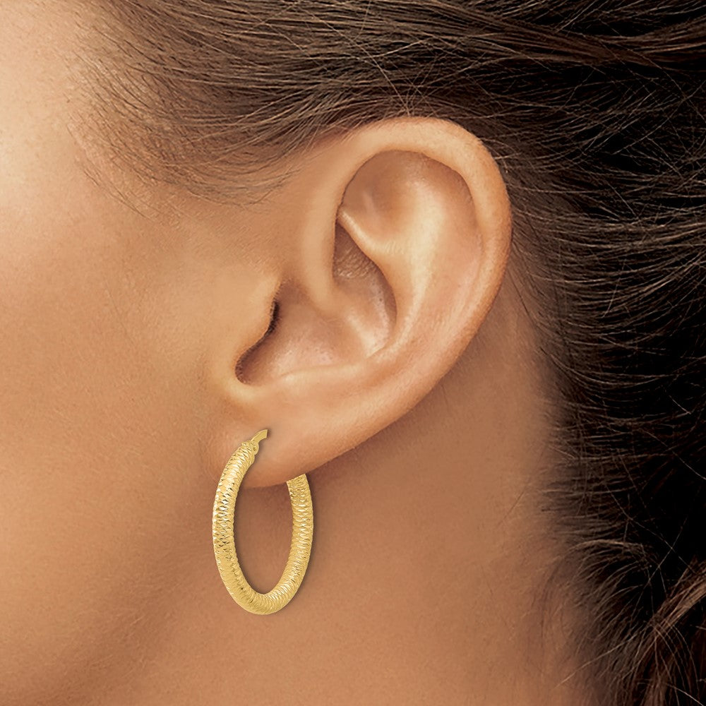 14K Yellow Gold Diamond Cut Round Hoop Earrings