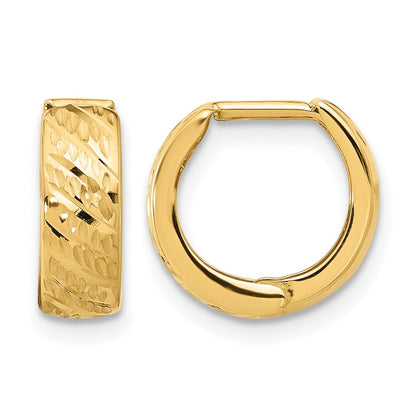 14K Yellow Gold Polished And Diamond Cut Huggie Hoop Earrings