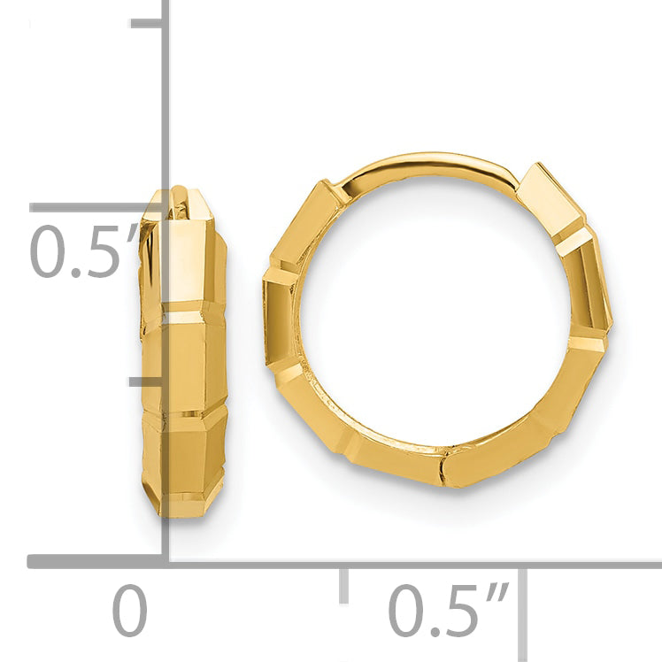 14K Yellow Gold Polished And Diamond Cut Huggie Hoop Earrings