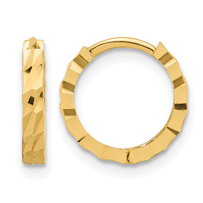 14K Yellow Gold Polished And Diamond Cut Huggie Hoop Earrings