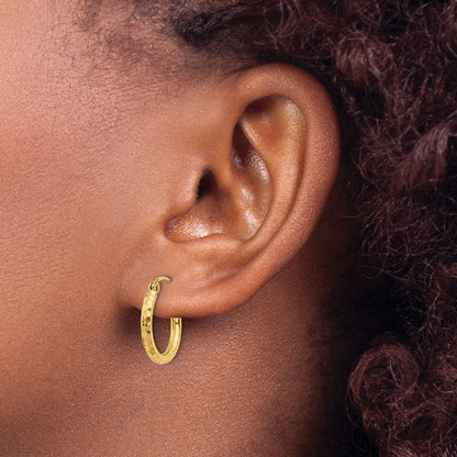 14K Yellow Gold Diamond Cut 2mm Round Tube Hoop Earrings
