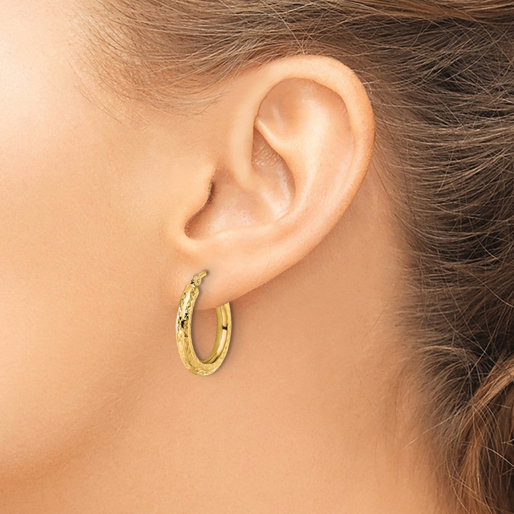 14K Yellow Gold Diamond Cut 3mm Round Hoop Earrings
