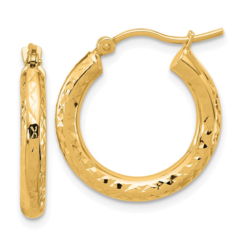 14K Yellow Gold Diamond Cut 3mm Round Hoop Earrings