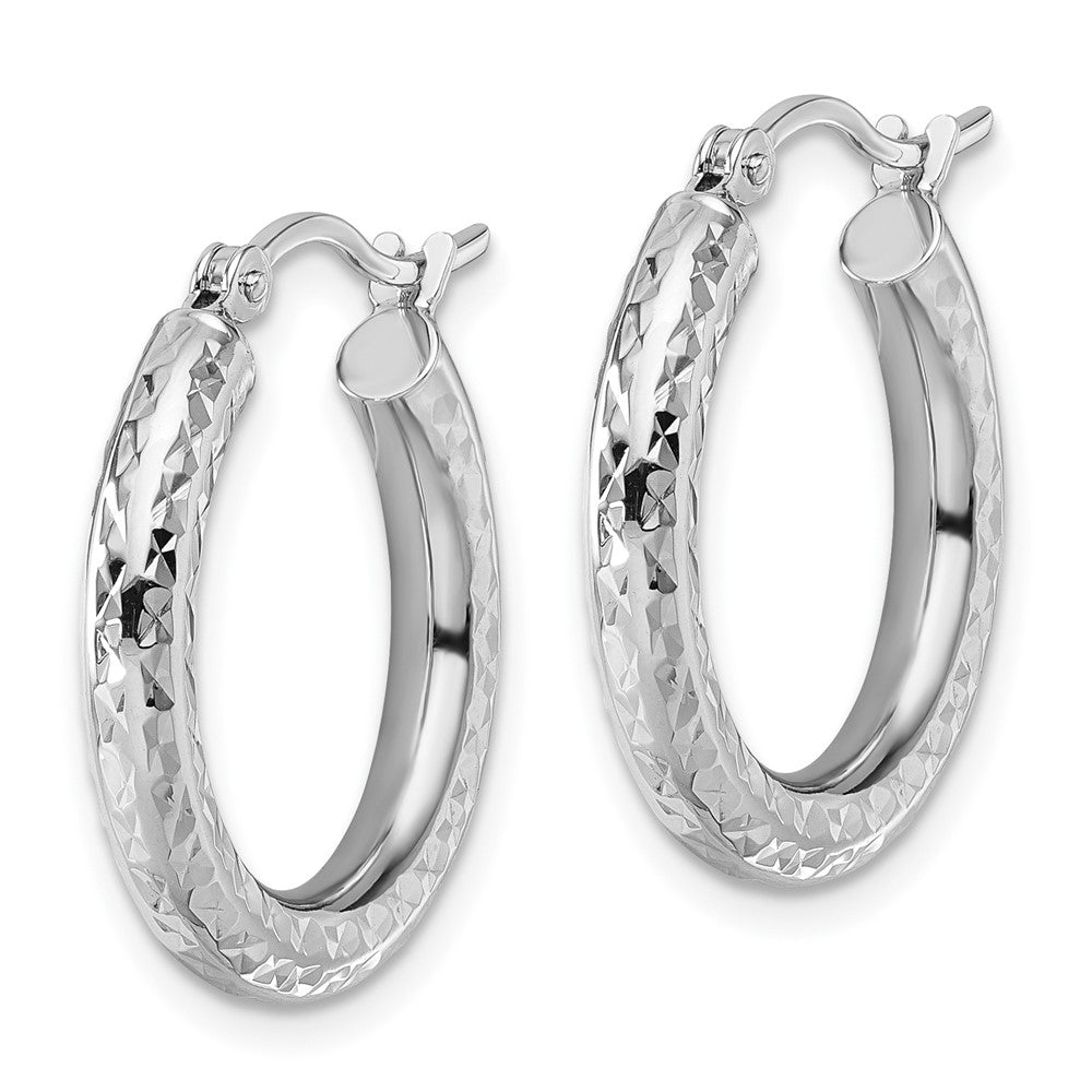 14K White Gold Diamond Cut 3mm Round Hoop Earrings