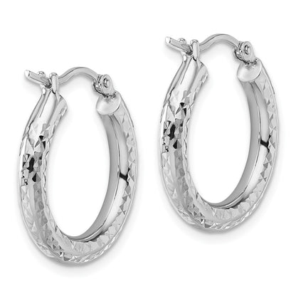 14K White Gold Diamond Cut 3mm Round Hoop Earrings