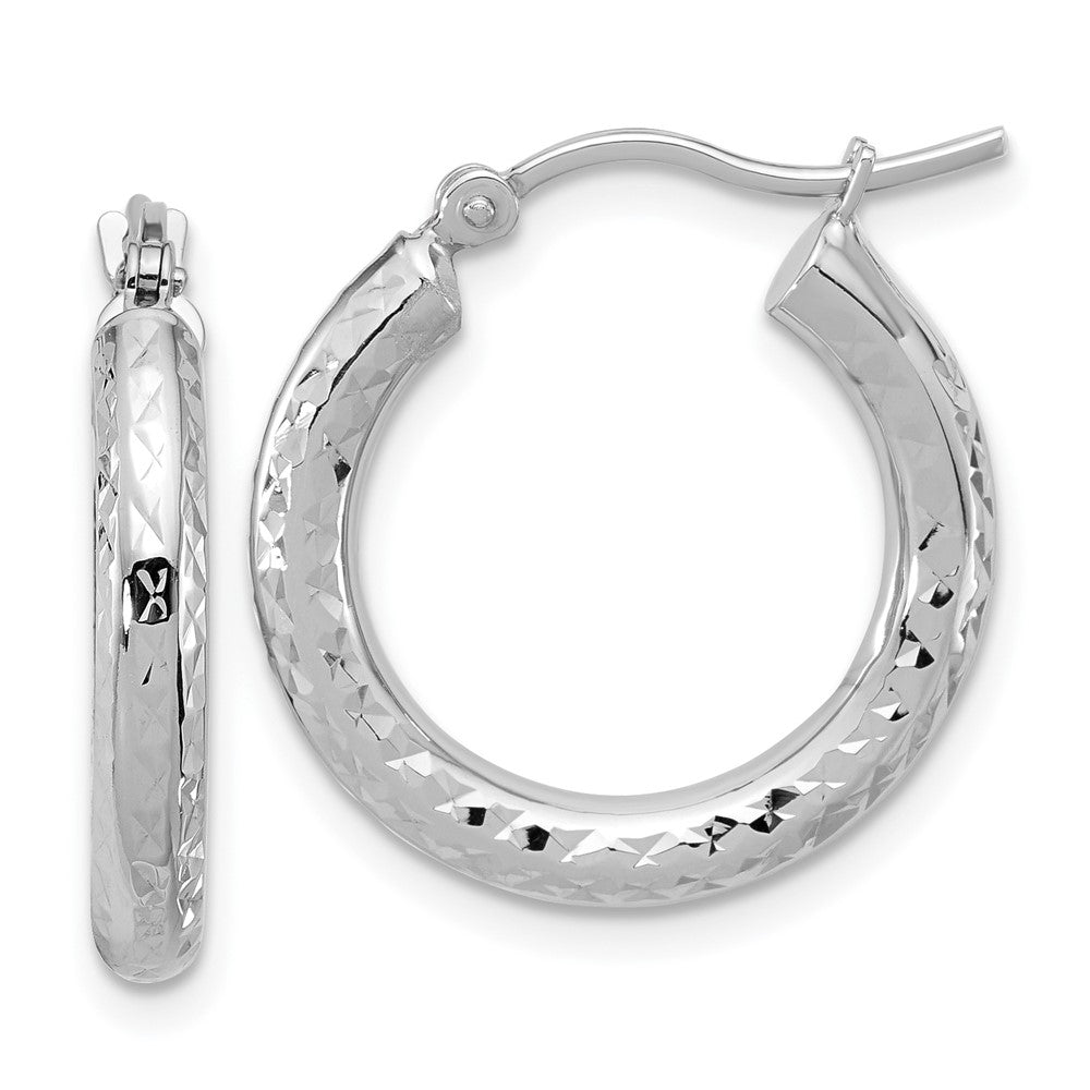 14K White Gold Diamond Cut 3mm Round Hoop Earrings