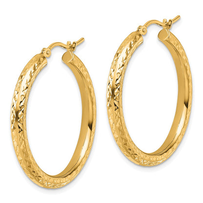 14K Yellow Gold Diamond Cut 3mm Round Hoop Earrings
