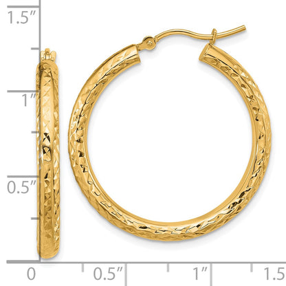 14K Yellow Gold Diamond Cut 3mm Round Hoop Earrings