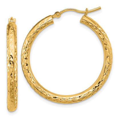 14K Yellow Gold Diamond Cut 3mm Round Hoop Earrings