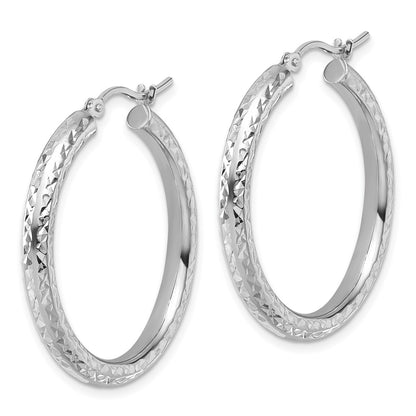 14K White Gold Diamond Cut 3mm Round Hoop Earrings