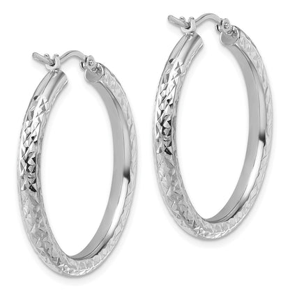 14K White Gold Diamond Cut 3mm Round Hoop Earrings