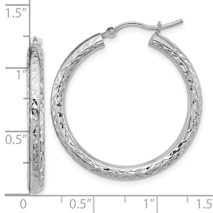14K White Gold Diamond Cut 3mm Round Hoop Earrings