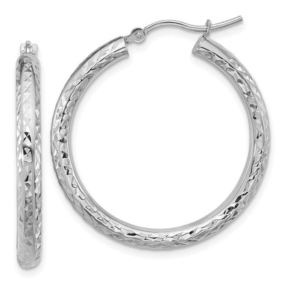 14K White Gold Diamond Cut 3mm Round Hoop Earrings