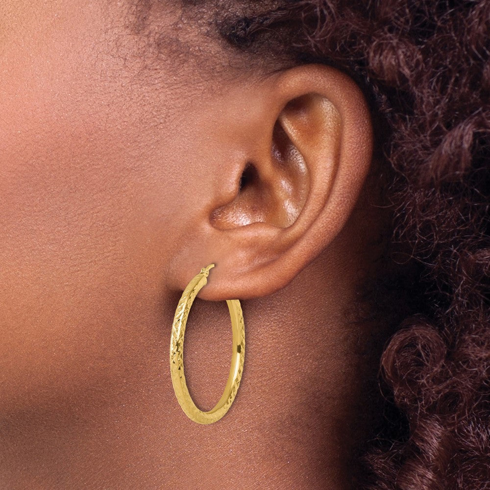 14K Yellow Gold Diamond Cut 3mm Round Hoop Earrings