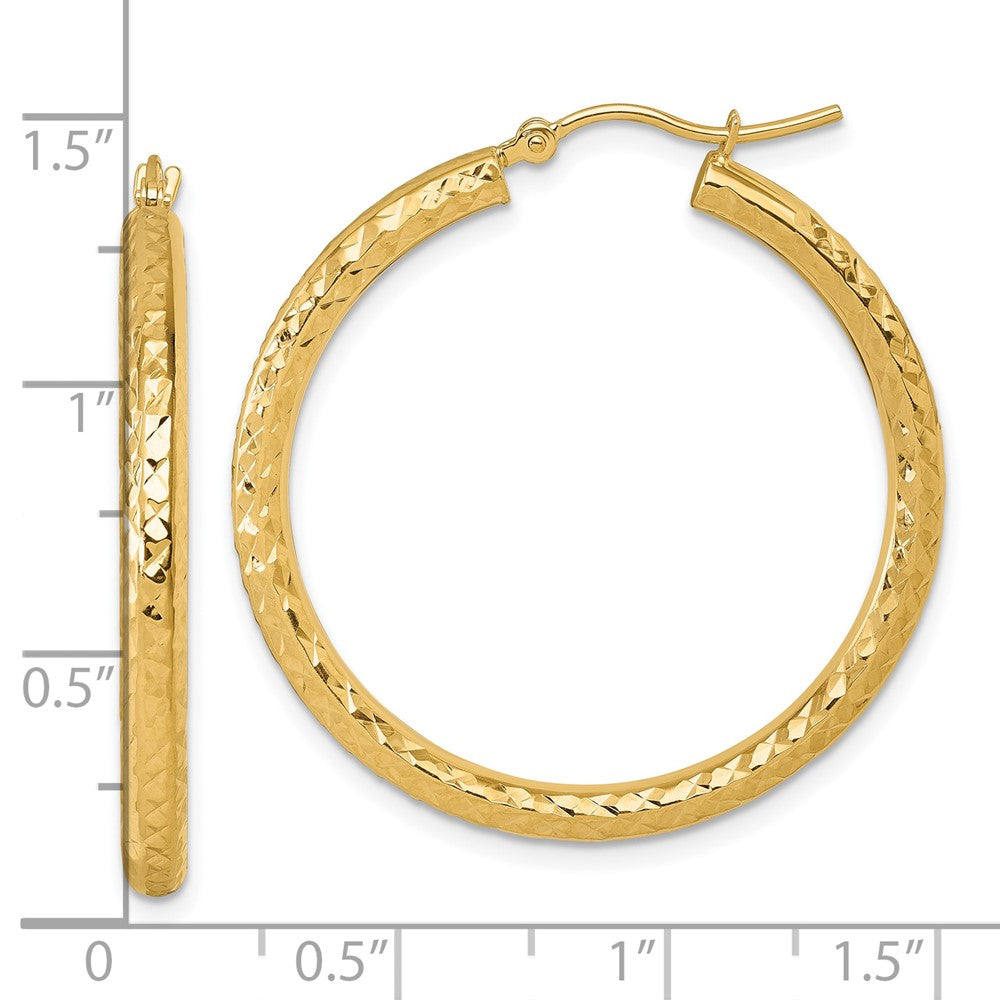 14K Yellow Gold Diamond Cut 3mm Round Hoop Earrings