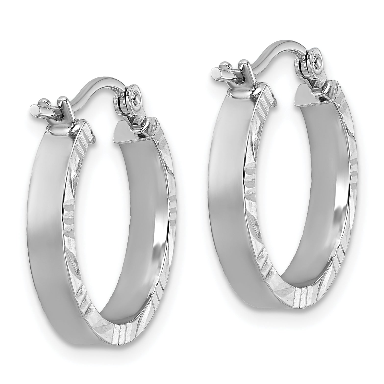 14K White Gold Small 3mm D/C Edge Polished Hoop Earrings