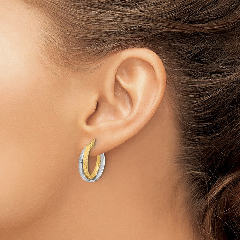 14K Two Tone Polished And Textured Bypass Hoop Earrings