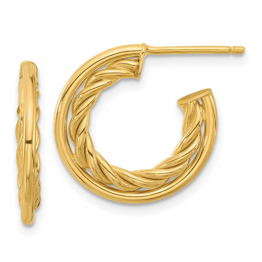 14K Yellow Gold Polished And Textured J Hoop Post Earrings