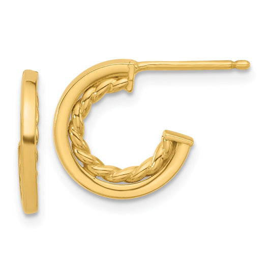 14K Yellow Gold Polished And Textured J Hoop Post Earrings