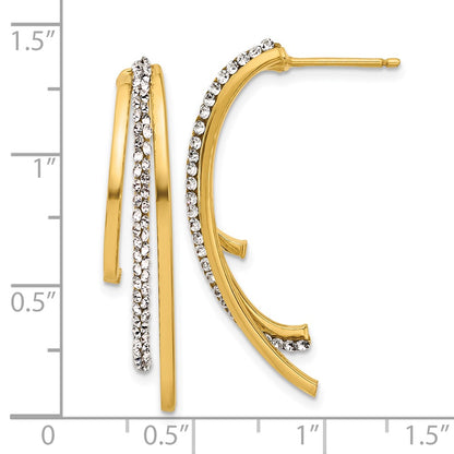 14K Yellow Gold Polished With Crystals 3 Row Drop Post Earrings