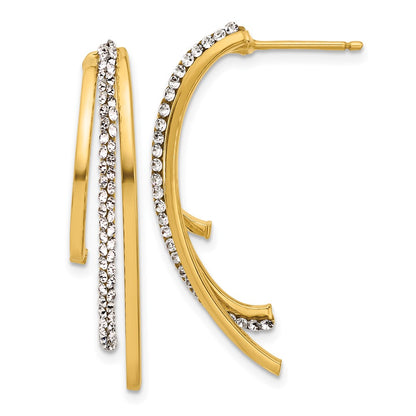 14K Yellow Gold Polished With Crystals 3 Row Drop Post Earrings