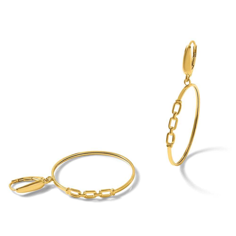 14K Yellow Gold Polished Link Design Leverback Hoop Earrings