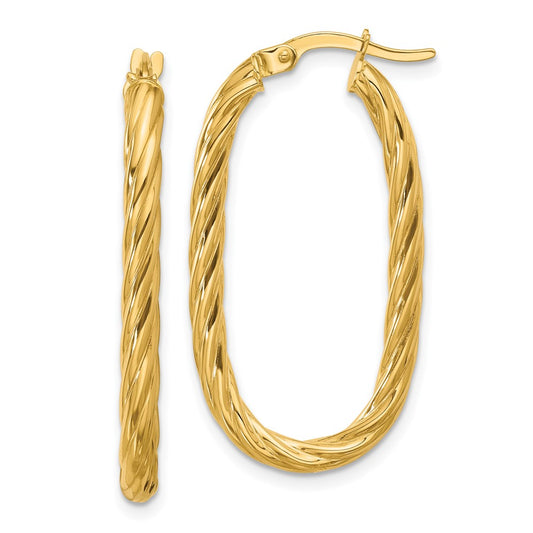 14K Yellow Gold Polished Twisted Oval Hoop Earrings