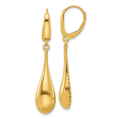 14K Yellow Gold Polished Teardrop Dangle Leverback Earrings