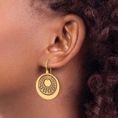 14K Yellow Gold Polished And Diamond Cut Circles Dangle Earrings