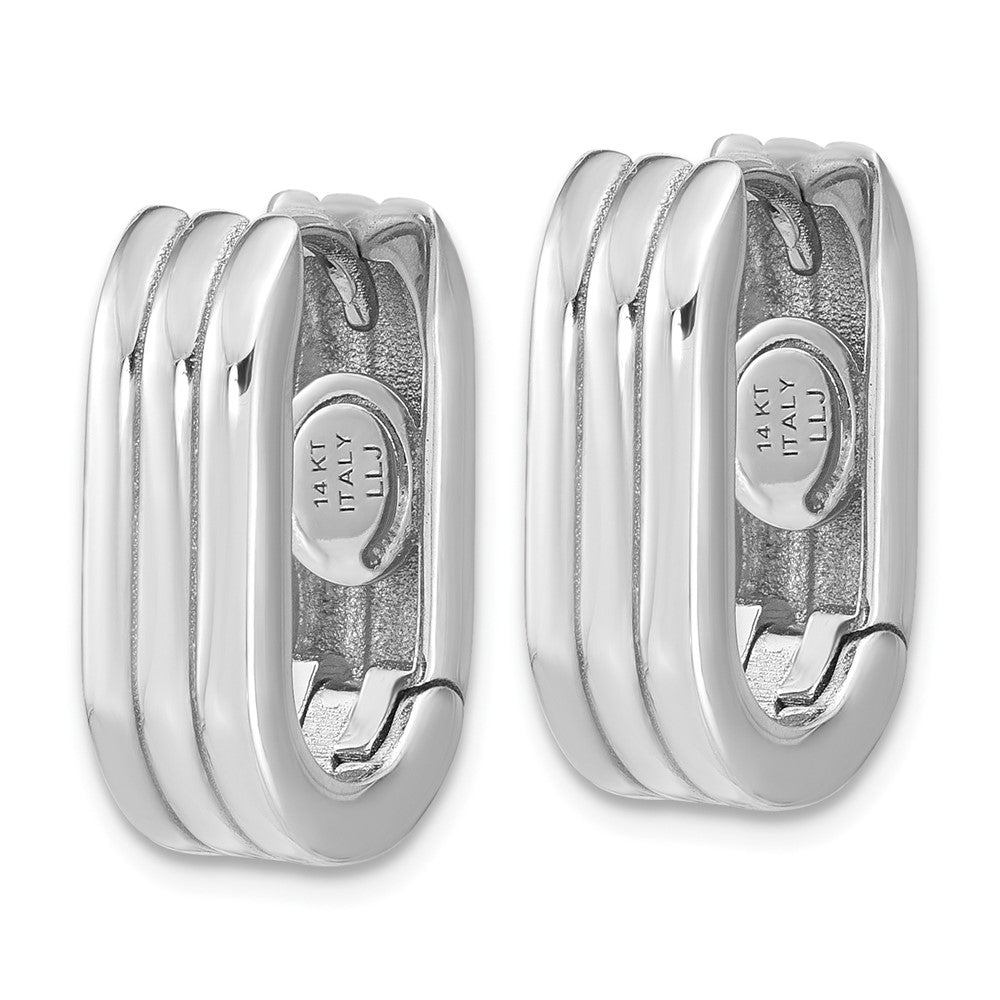 14K White Gold Wg Polished / Grooved Hinged Huggie Hoop Earrings