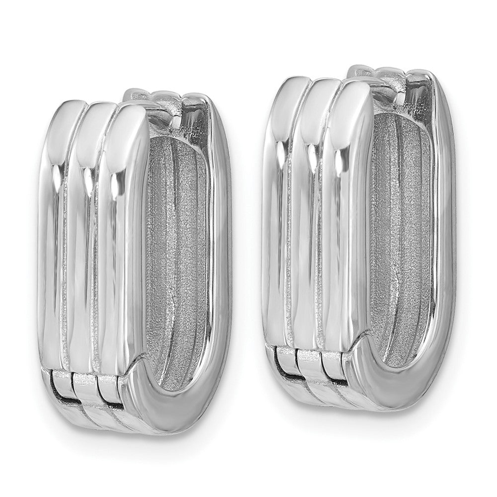 14K White Gold Wg Polished / Grooved Hinged Huggie Hoop Earrings