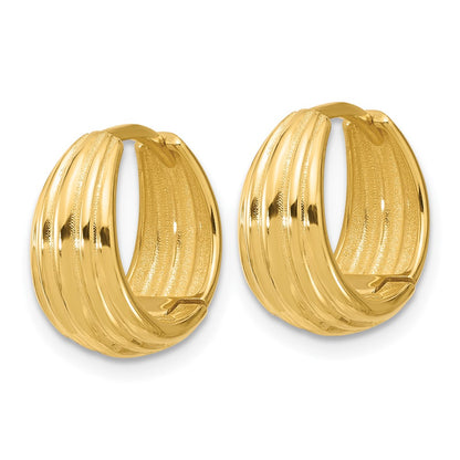 14K Yellow Gold Polished/Grooved Round Huggie Hoop Earrings