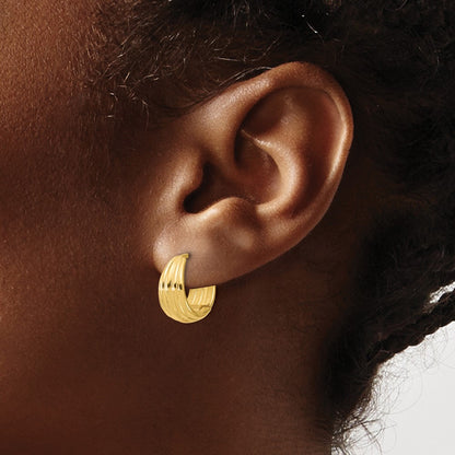 14K Yellow Gold Polished/Grooved Round Huggie Hoop Earrings
