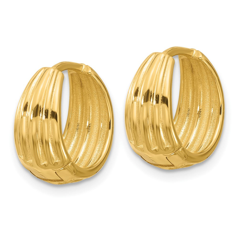 14K Yellow Gold Polished/Grooved Round Huggie Hoop Earrings