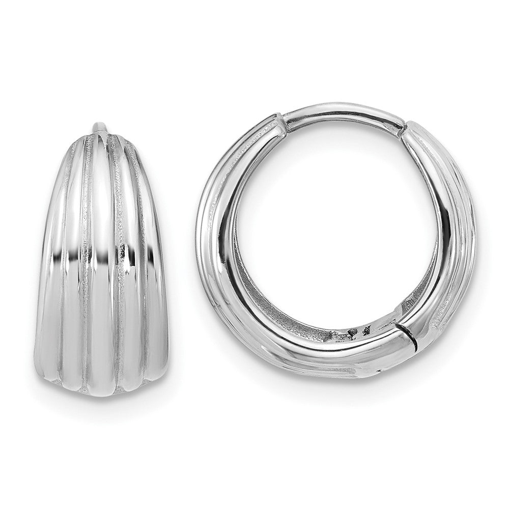 14K White Gold Wg Polished/Grooved Round Huggie Hoop Earrings
