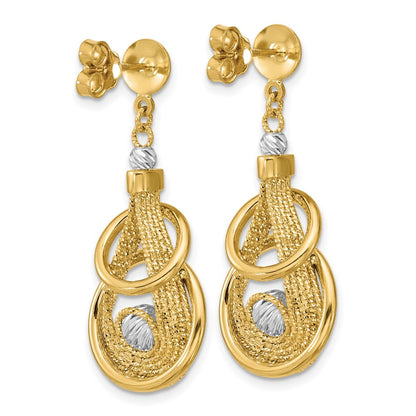 14K Two Tone Tt Polished/Dia Cut Fancy Teardrop Dangle Post Earrings