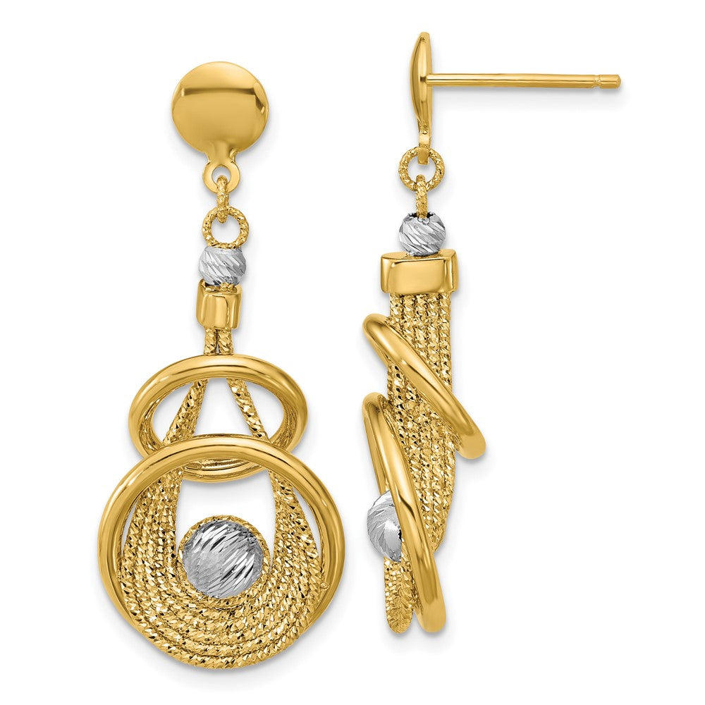 14K Two Tone Tt Polished/Dia Cut Fancy Teardrop Dangle Post Earrings