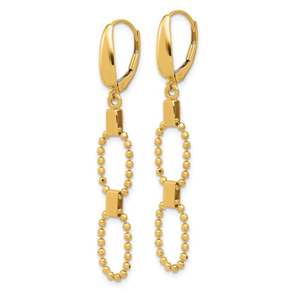 14K Yellow Gold Polished/Dia Cut Beaded Link Dangle Leverback Earrings
