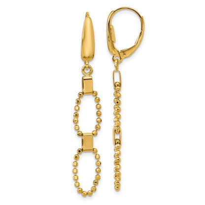 14K Yellow Gold Polished/Dia Cut Beaded Link Dangle Leverback Earrings