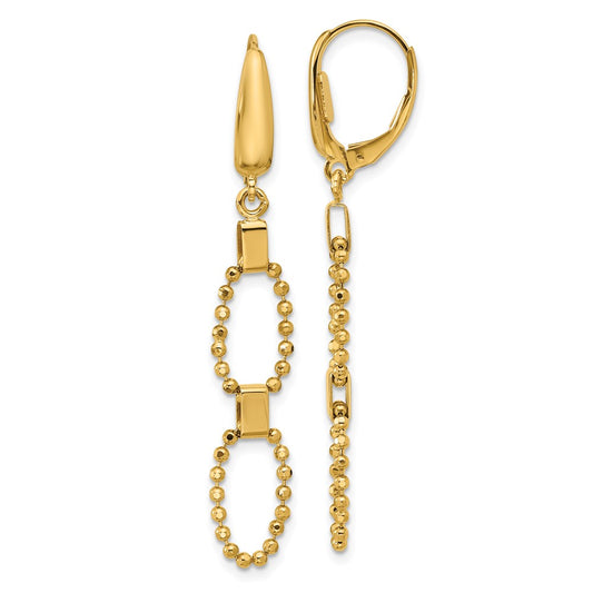 14K Yellow Gold Polished/Dia Cut Beaded Link Dangle Leverback Earrings