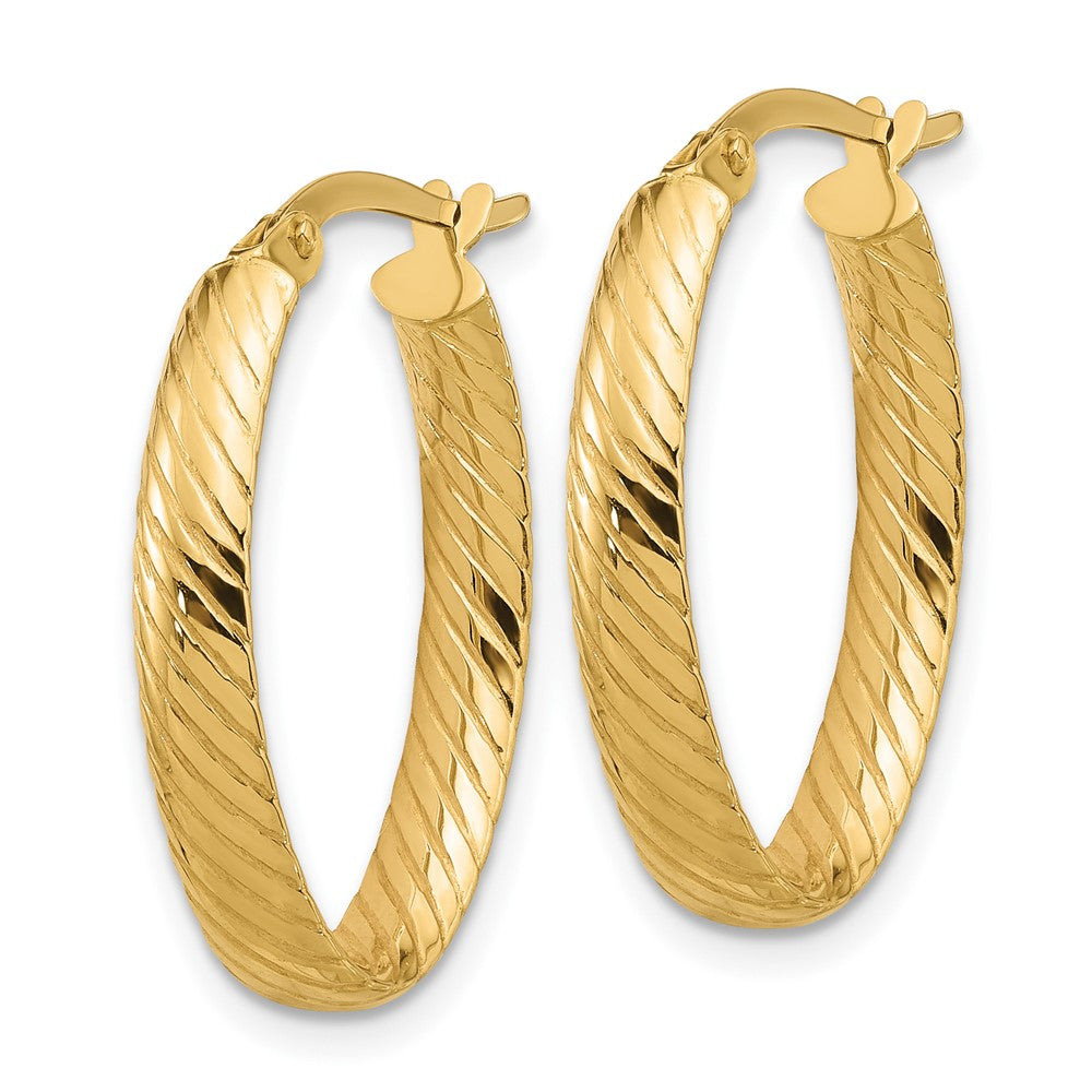 14K Yellow Gold Polished And Grooved Oval Hoop Earrings