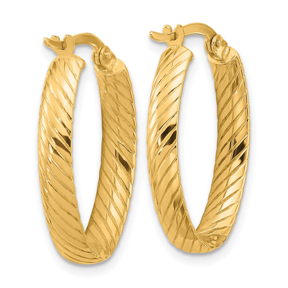 14K Yellow Gold Polished And Grooved Oval Hoop Earrings