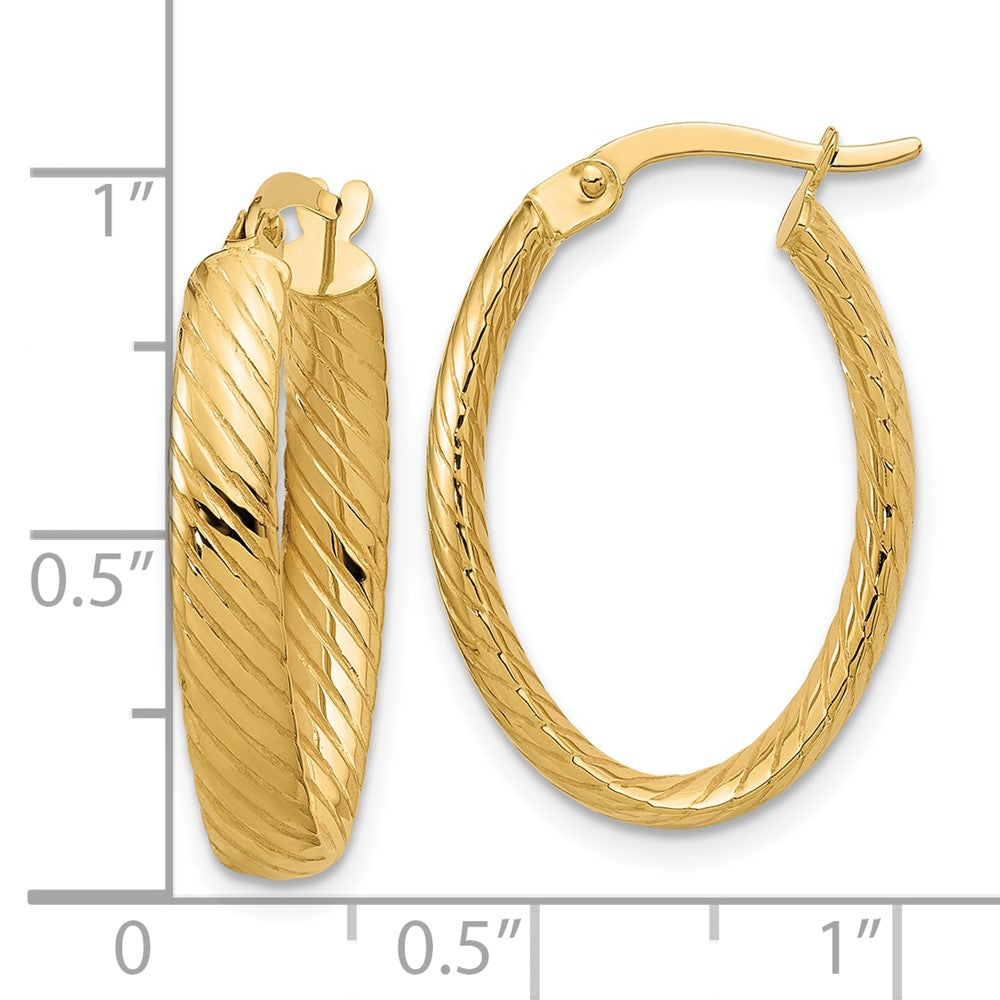 14K Yellow Gold Polished And Grooved Oval Hoop Earrings
