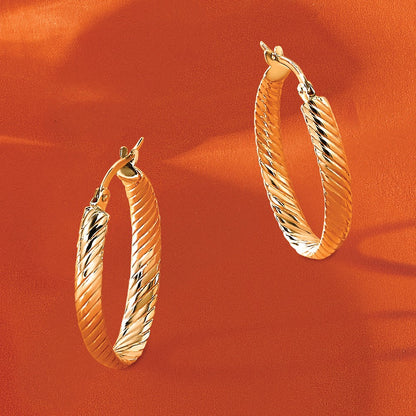 14K Yellow Gold Polished And Grooved Oval Hoop Earrings