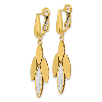 14K Two Tone Polish/Dia Cut Fancy Dangle Omega Earrings