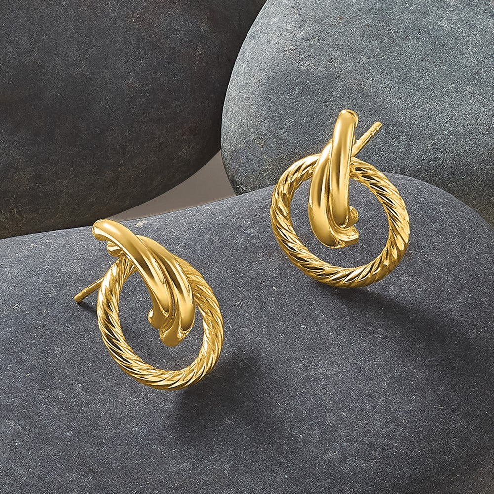 14K Yellow Gold Polished And Twisted Circles Drop Post Earrings