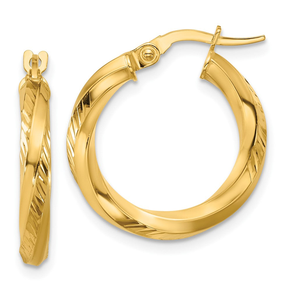 14K Yellow Gold Polished And Diamond Cut Round Hoop Earrings