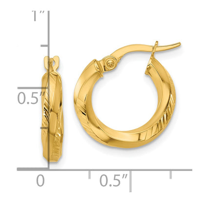 14K Yellow Gold Polished And Diamond Cut Round Hoop Earrings