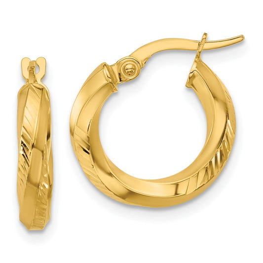14K Yellow Gold Polished And Diamond Cut Round Hoop Earrings